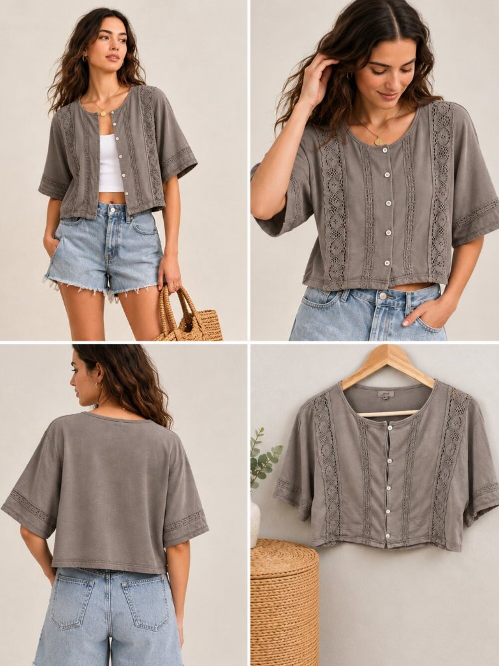 Aerie Short Sleeve Crochet Cardigan XS Deep Earth Brown Boho Cropped Top
